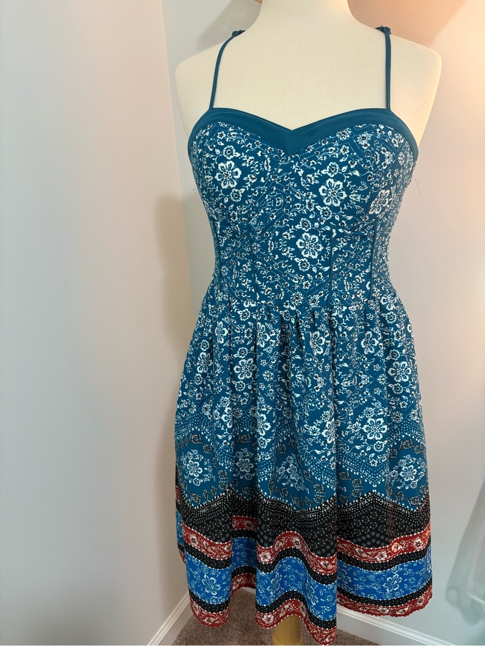 Xhilaration Teal Strapless Floral Sundress with Border Print
